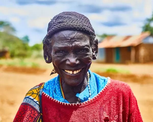 An elder woman from the community with a joyful smile